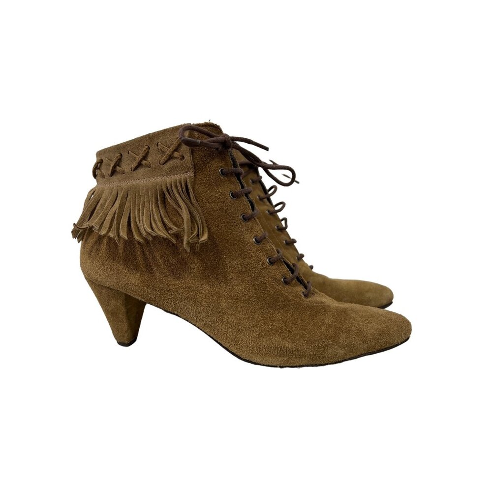 Sixtyseven Suede Heeled Ankle Bootie Size 40 Lace Up Fringe Pointed Toe Boho